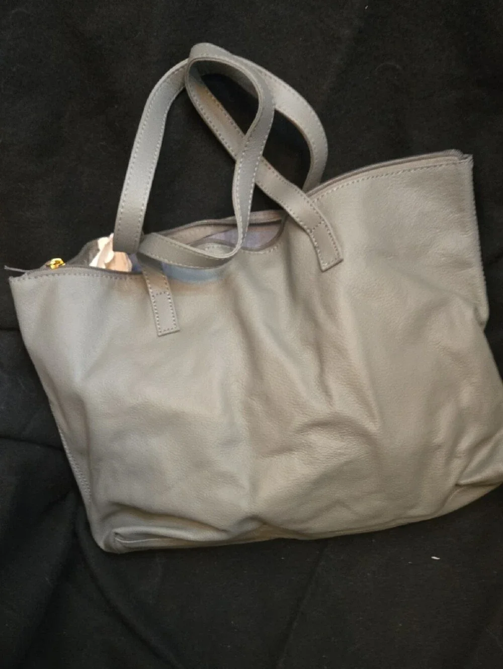 Joy Mangano Taupe Leather Tote with Gold Logo